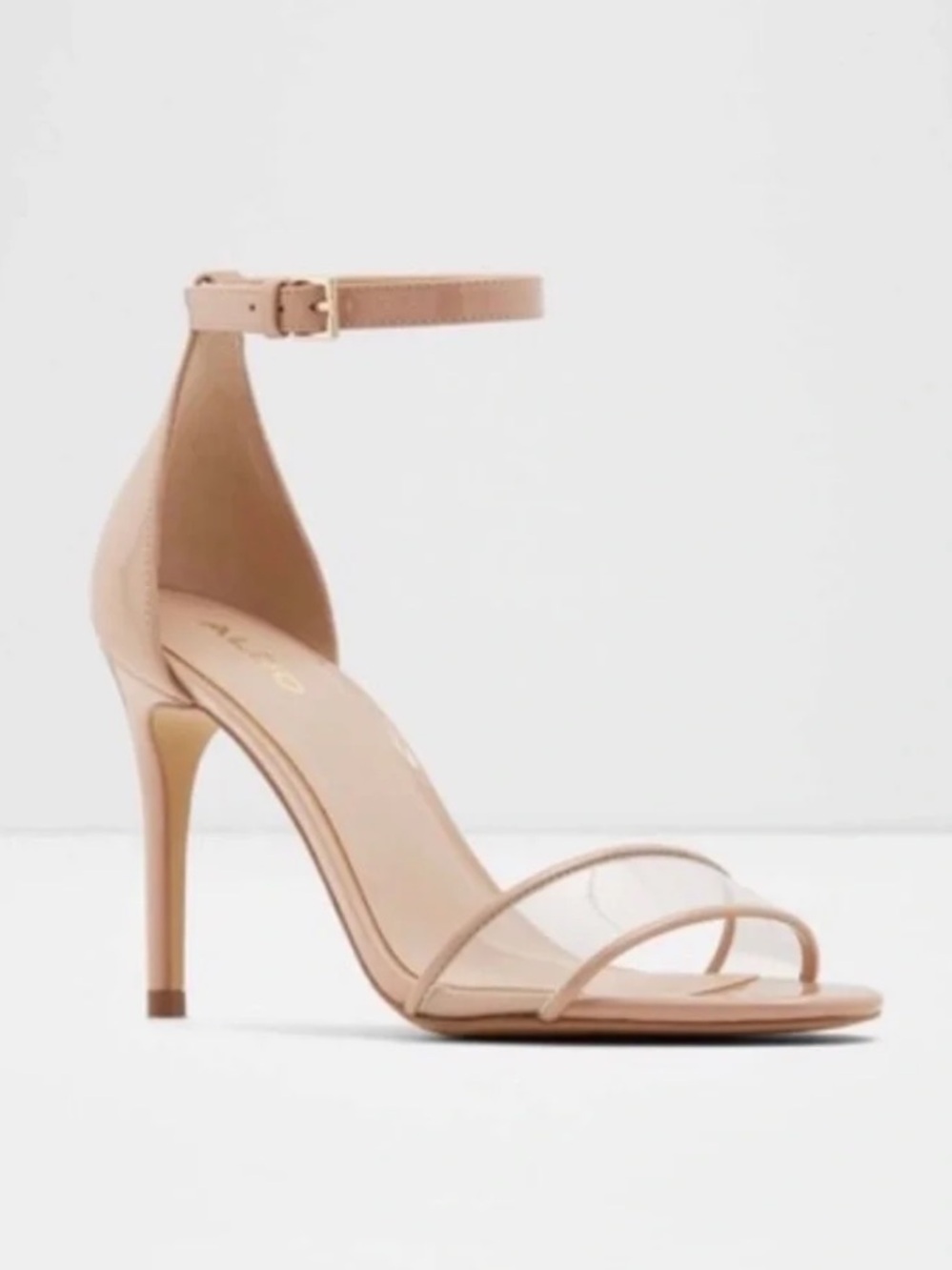 Aldo Nude Patent Leather Open Toe Clear Strap Stiletto High Heels Size 7.5